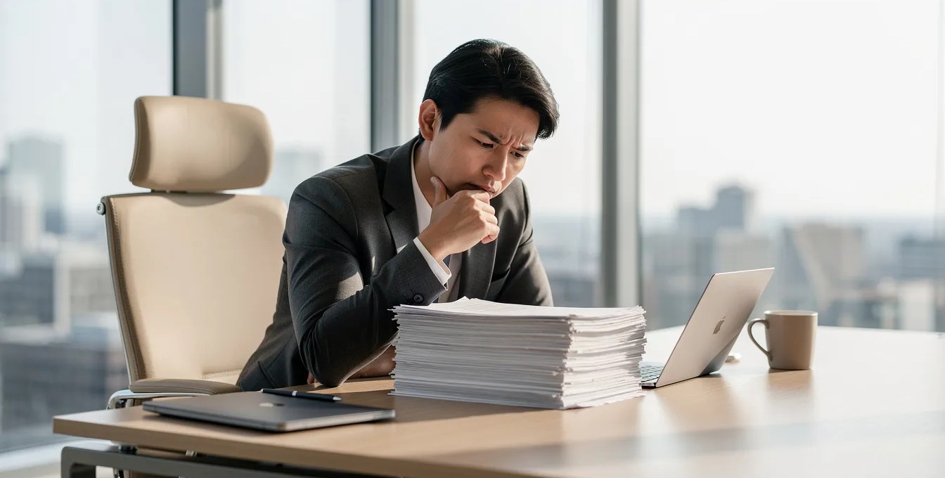 A person sits at a modern desk, deep in thought while examining a stack of papers, possibly related to a severance agreement or severance negotiations. The office setting suggests a professional environment where important employment agreements and legal rights are being considered.