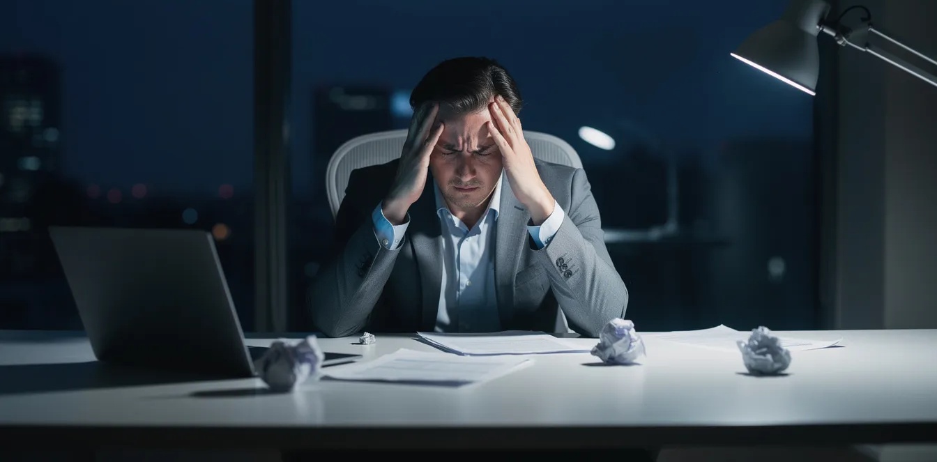The image depicts a professional sitting alone at a desk in a dimly lit office, appearing stressed and overwhelmed, possibly due to a hostile work environment. The atmosphere suggests the weight of workplace harassment and emotional distress, highlighting the challenges faced in a hostile workplace.
