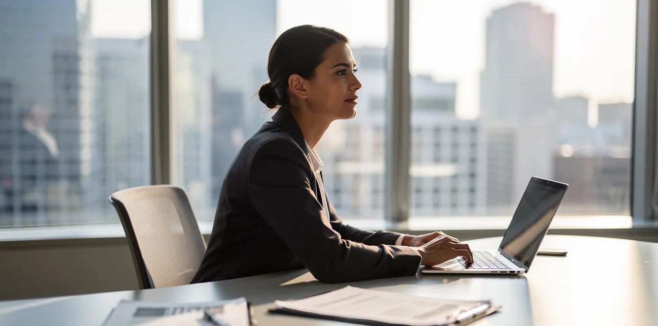 A professional sits at a desk, gazing thoughtfully out of an office window, surrounded by a laptop and various documents. This scene reflects a moment of contemplation, possibly related to severance negotiations or employment law matters, emphasizing the importance of consulting an experienced employment lawyer when considering a severance package.