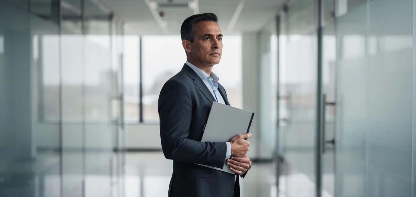 A professional stands alone in a sleek, modern office hallway, appearing pensive while holding a folder, possibly contemplating workplace challenges such as sexual harassment or wrongful termination. The setting suggests a focus on legal matters related to employee rights and the pursuit of justice.